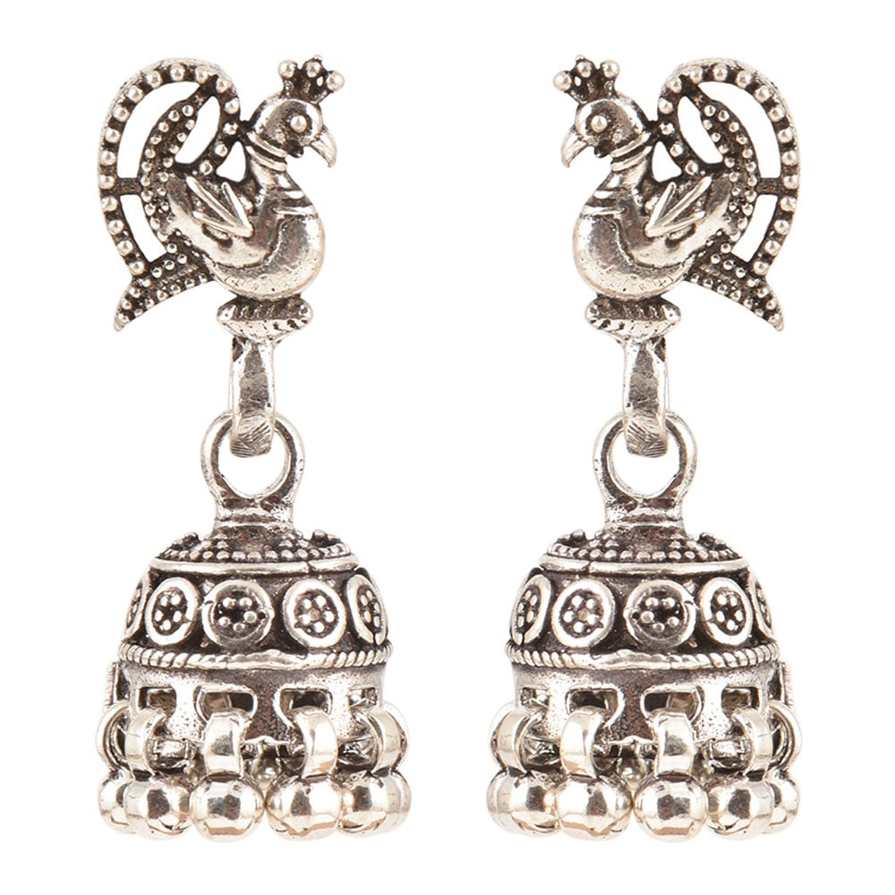 Close up of peacock detailing on 92.5 Sterling Silver earrings