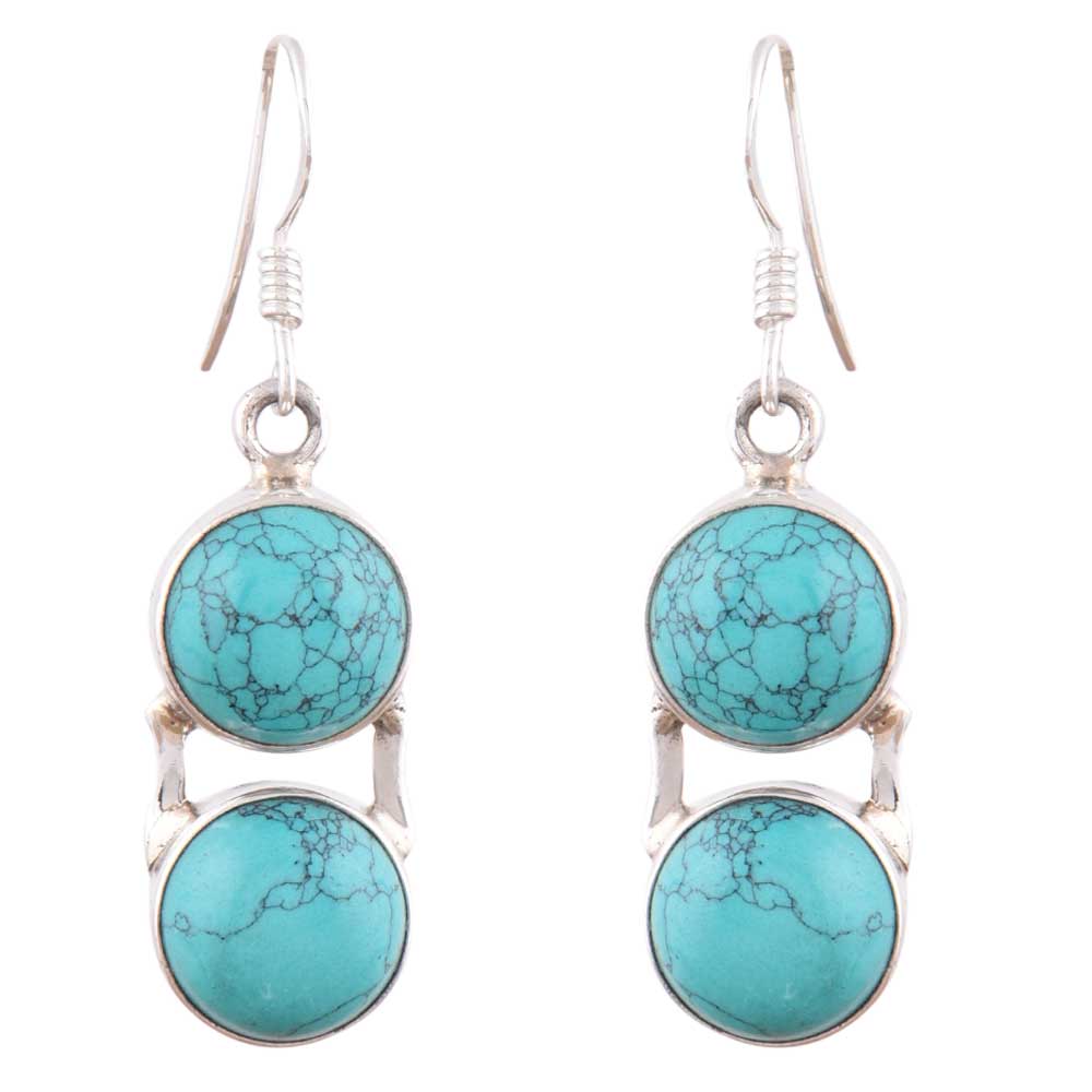 Macro shot capturing the texture and finish of the 92.5 Sterling Silver Turquoise Round Dangle Earrings.