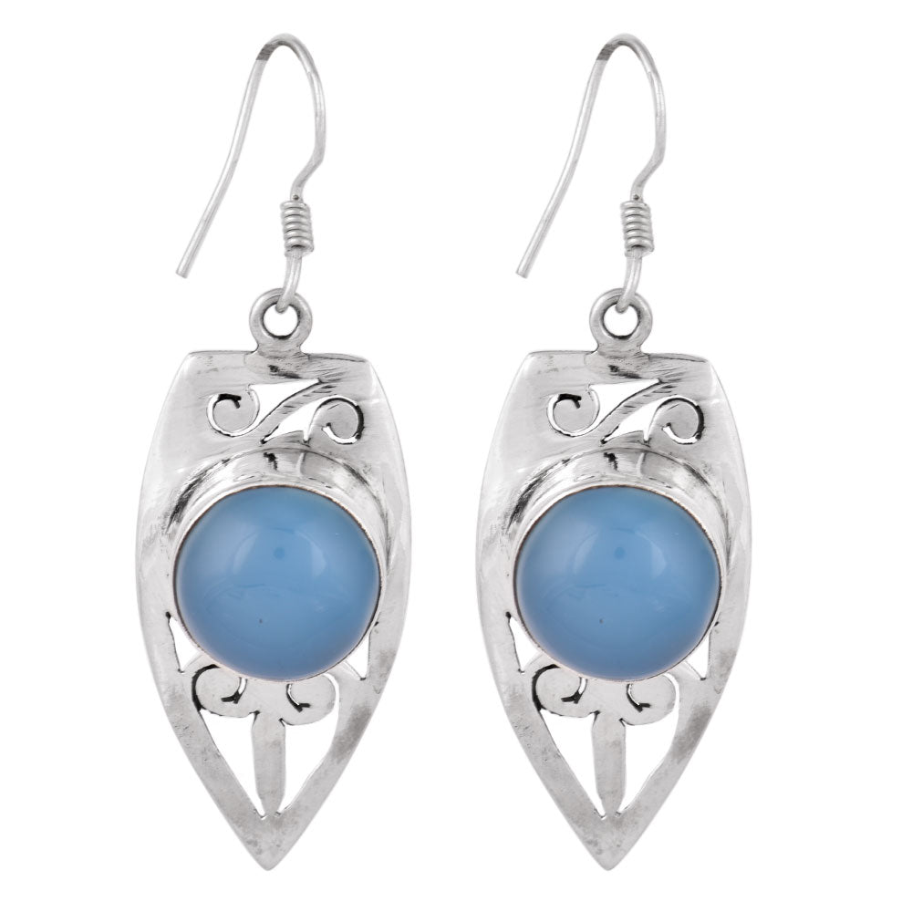 Delicate earrings with boat blue chalcendony, softly finished in 92.5 Sterling Silver.