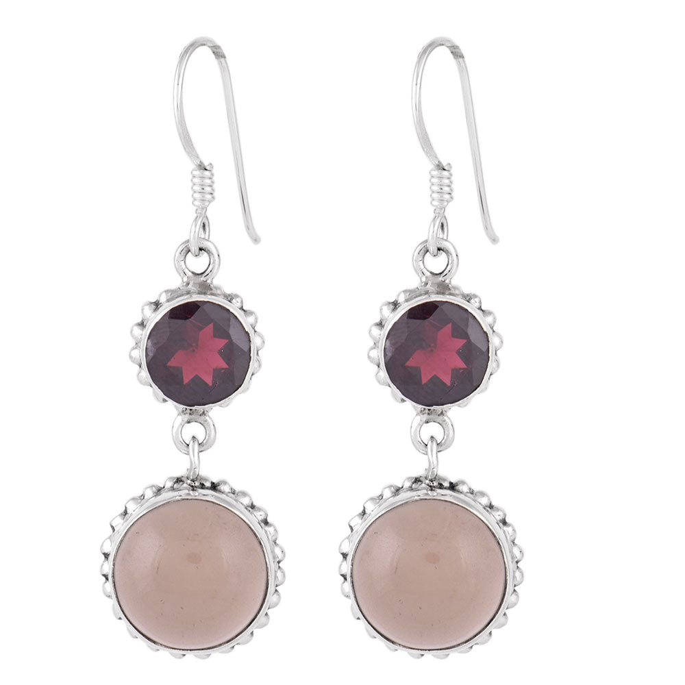 Artisan finishing on garnet dangle earrings with 92.5 Sterling Silver