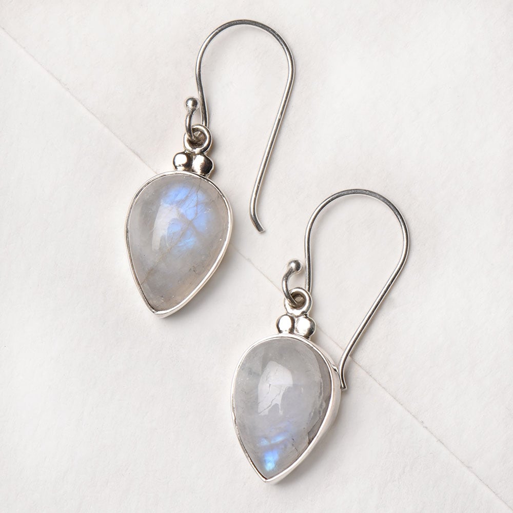 Detail of Moonstone Moon Drop Earrings showing the artisanal workmanship and 92.5 Sterling Silver sheen