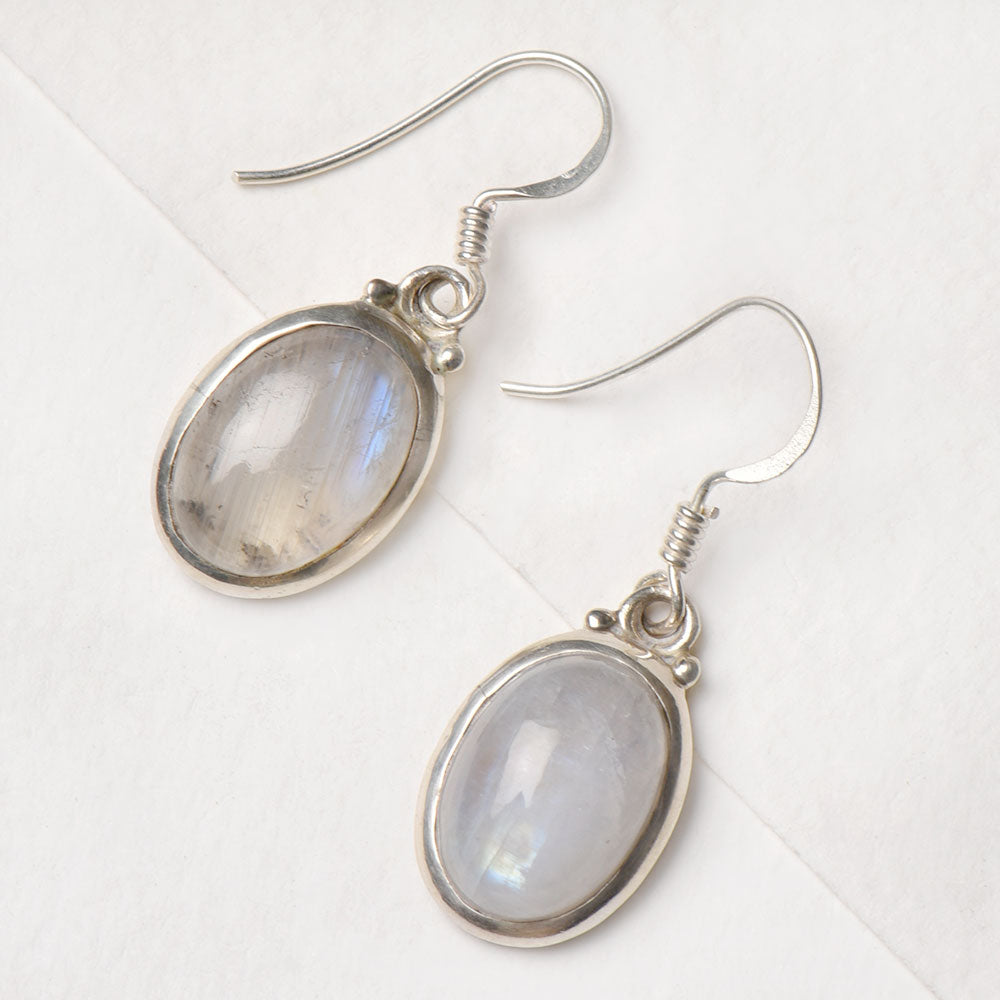 Detail of Moonstone Moon Earrings showing the artisanal workmanship and 92.5 Sterling Silver sheen