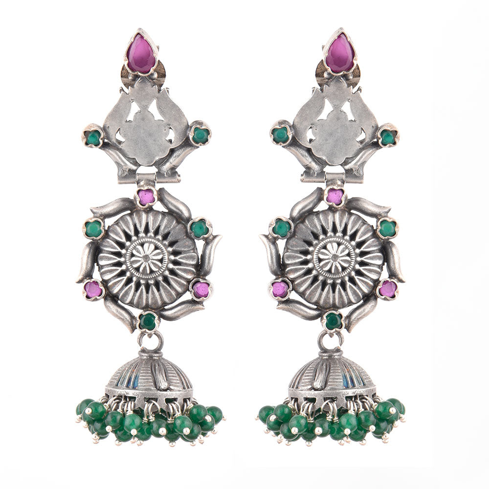 heritage style green onyx and pink tourmaline jhumka earrings with modern edge