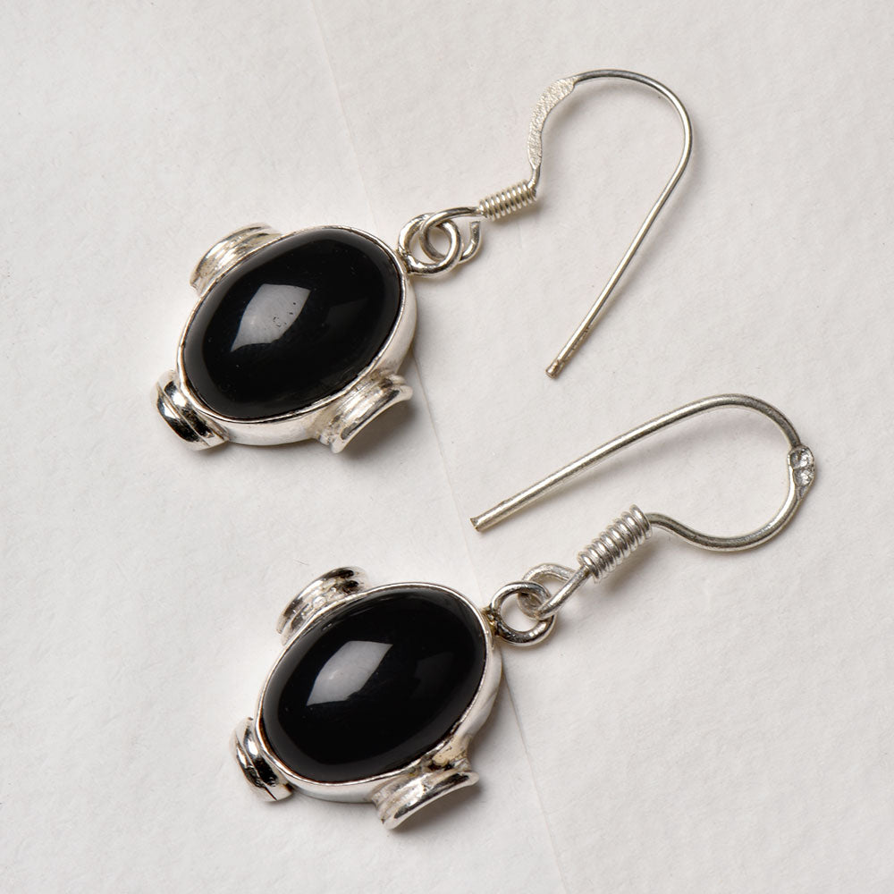 Detail of Onyx Oval Earrings showing the artisanal workmanship and 92.5 Sterling Silver sheen