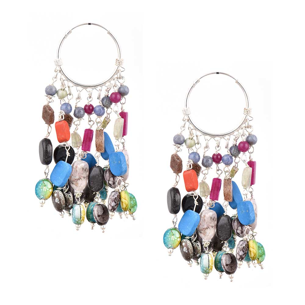 Artistic display of 92.5 Sterling Silver Colorful Stone Bali Hoop Earrings in 925 Silver, Multicolor elements