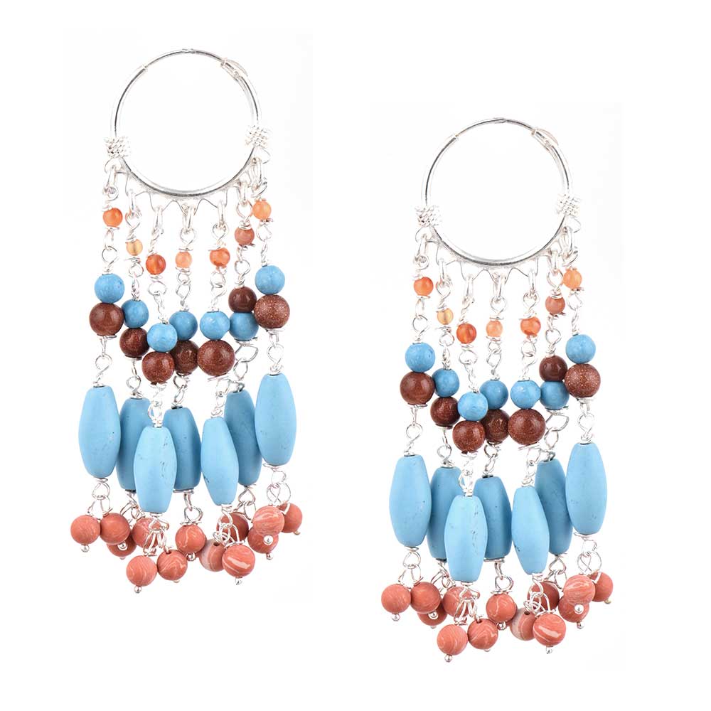 Artistic display of 92.5 Sterling Silver Trendy Boho Stone Hoop Earrings in 925 Silver, Multicolor elements