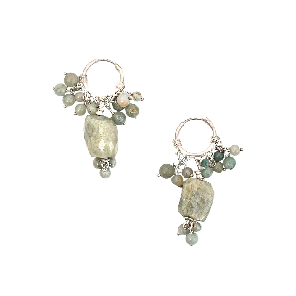 Angled view of Labradorite Dangle Earrings showcasing gemstone and 92.5 Sterling Silver.