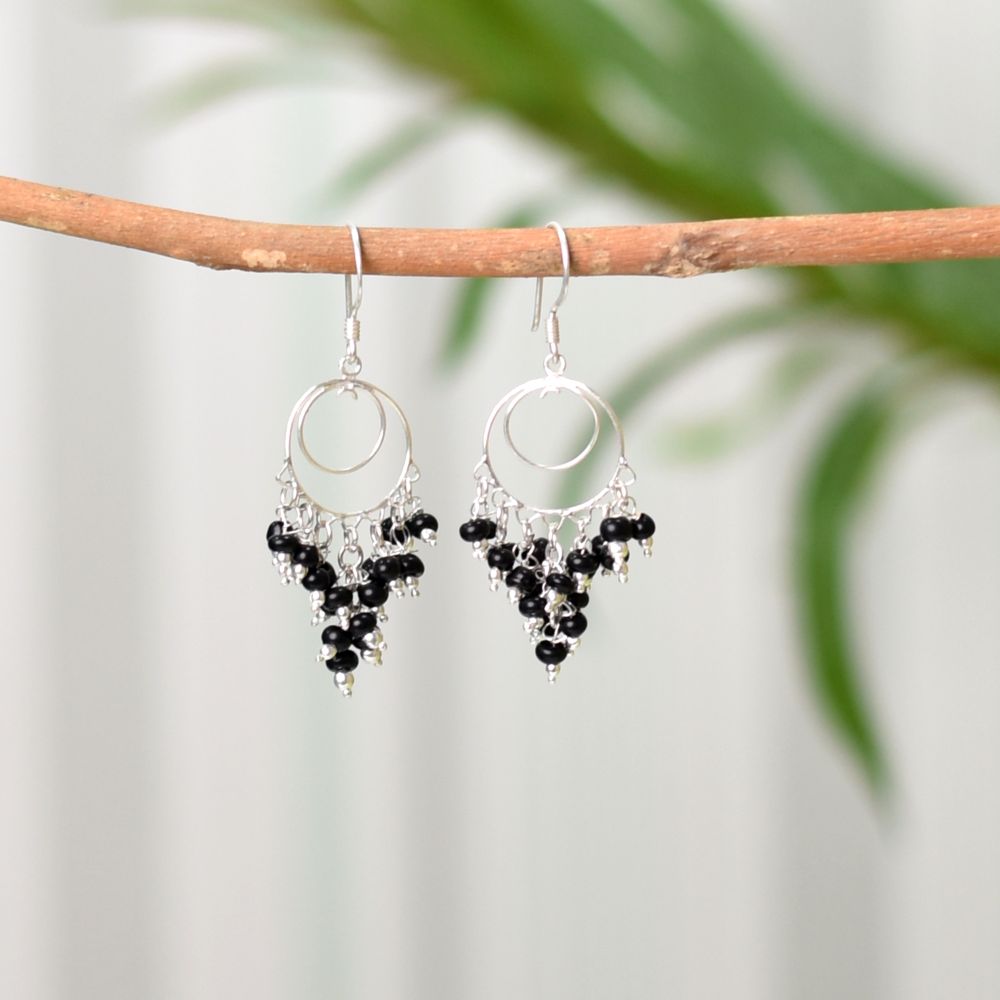 Close-up of intricate details on these 92.5 Sterling Silver black beads drops dangle earrings.