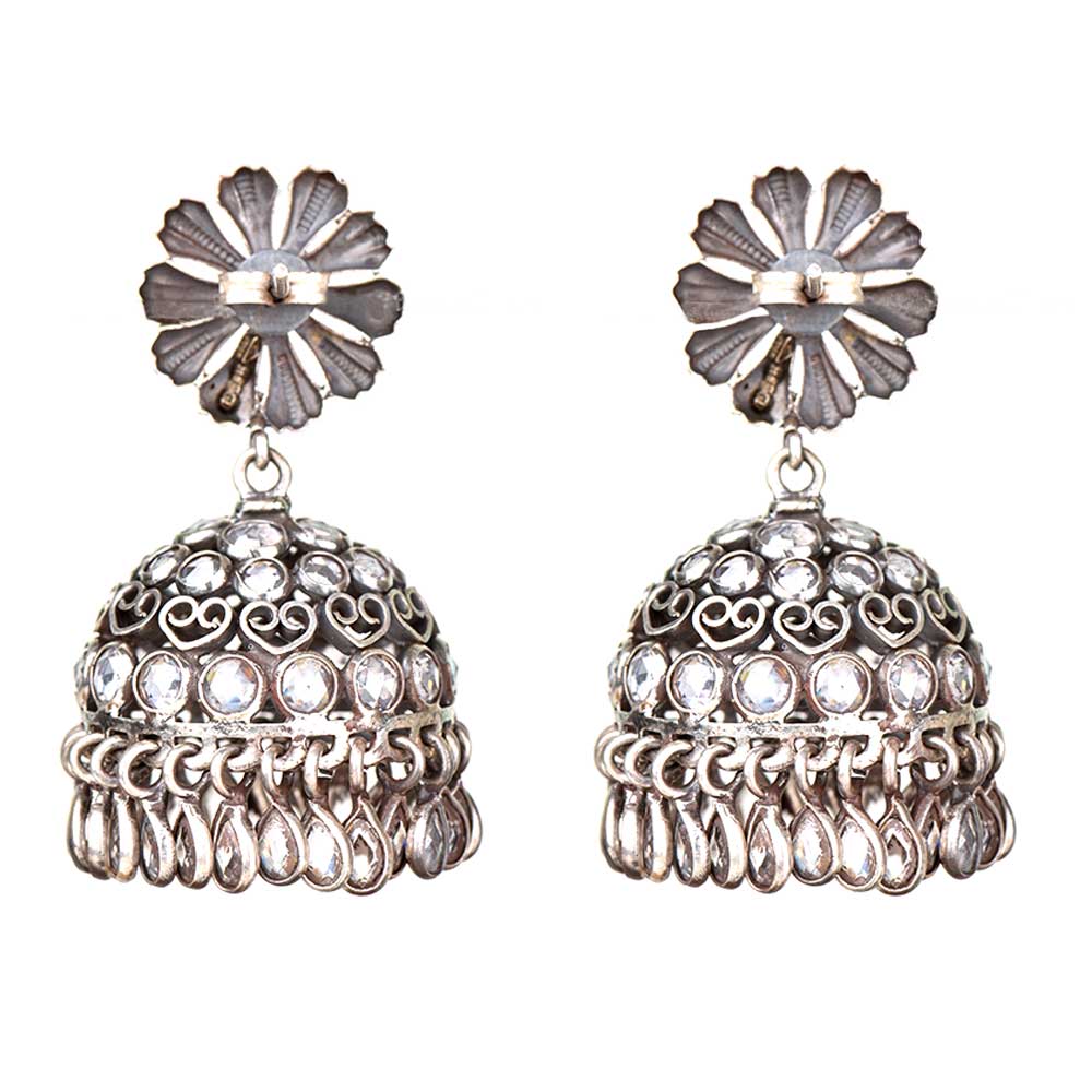Detailed shot highlighting the craftsmanship of 92.5 sterling silver floral jhumki earrings