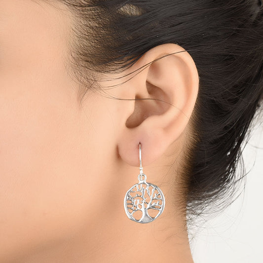 Pair of Tree Of Life Dangle Earrings displayed on a neutral background for a clear view.