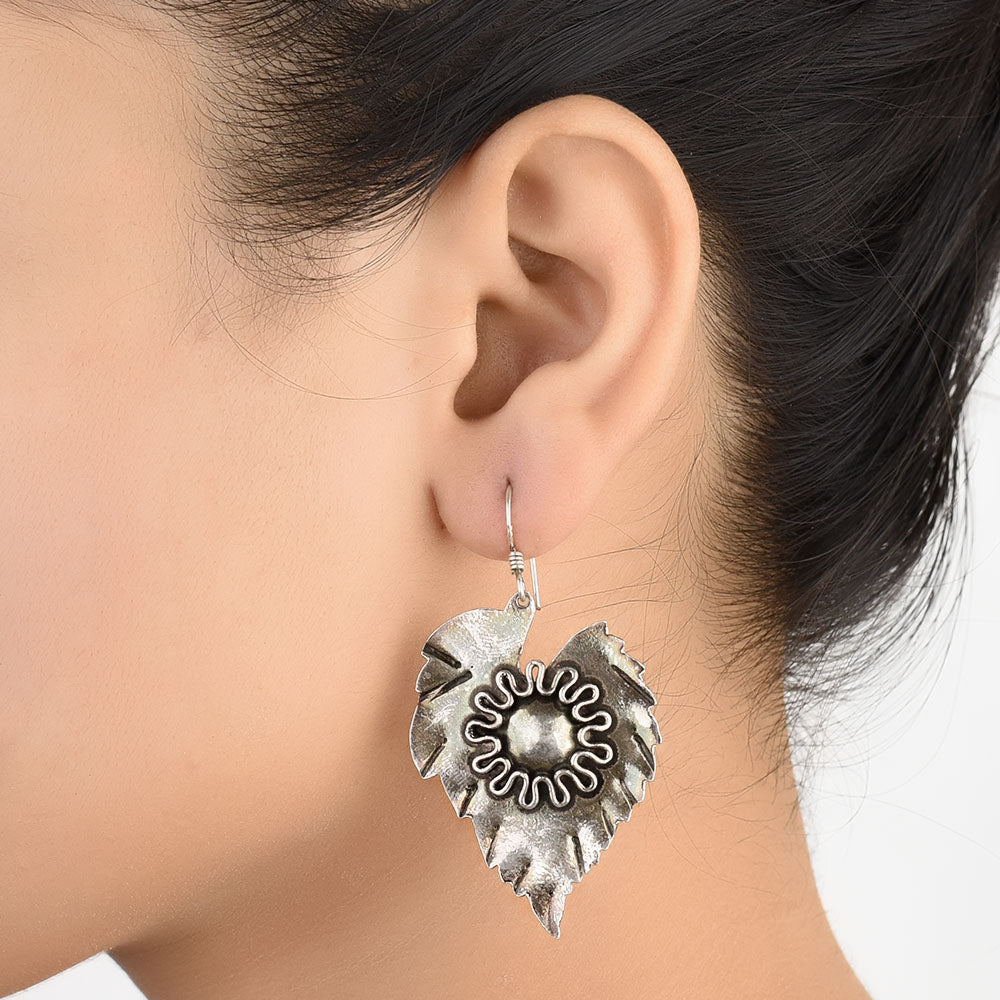 92.5 Sterling Silver leaf dangle earrings front view