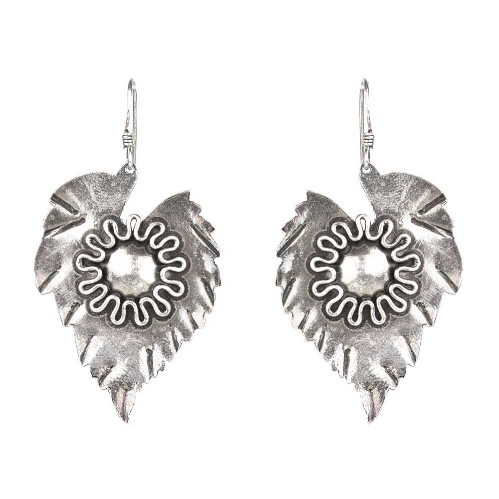 Side profile of handcrafted leaf dangle earrings