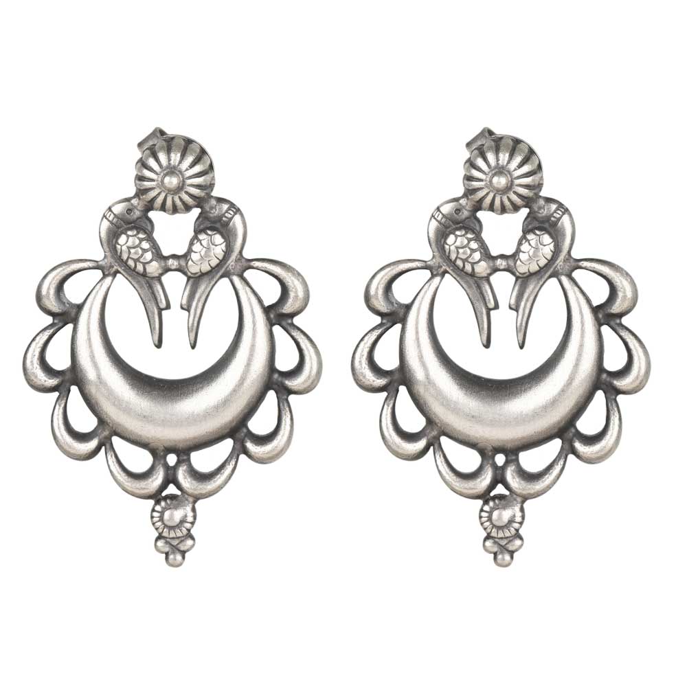 Side profile of handcrafted peacock earrings