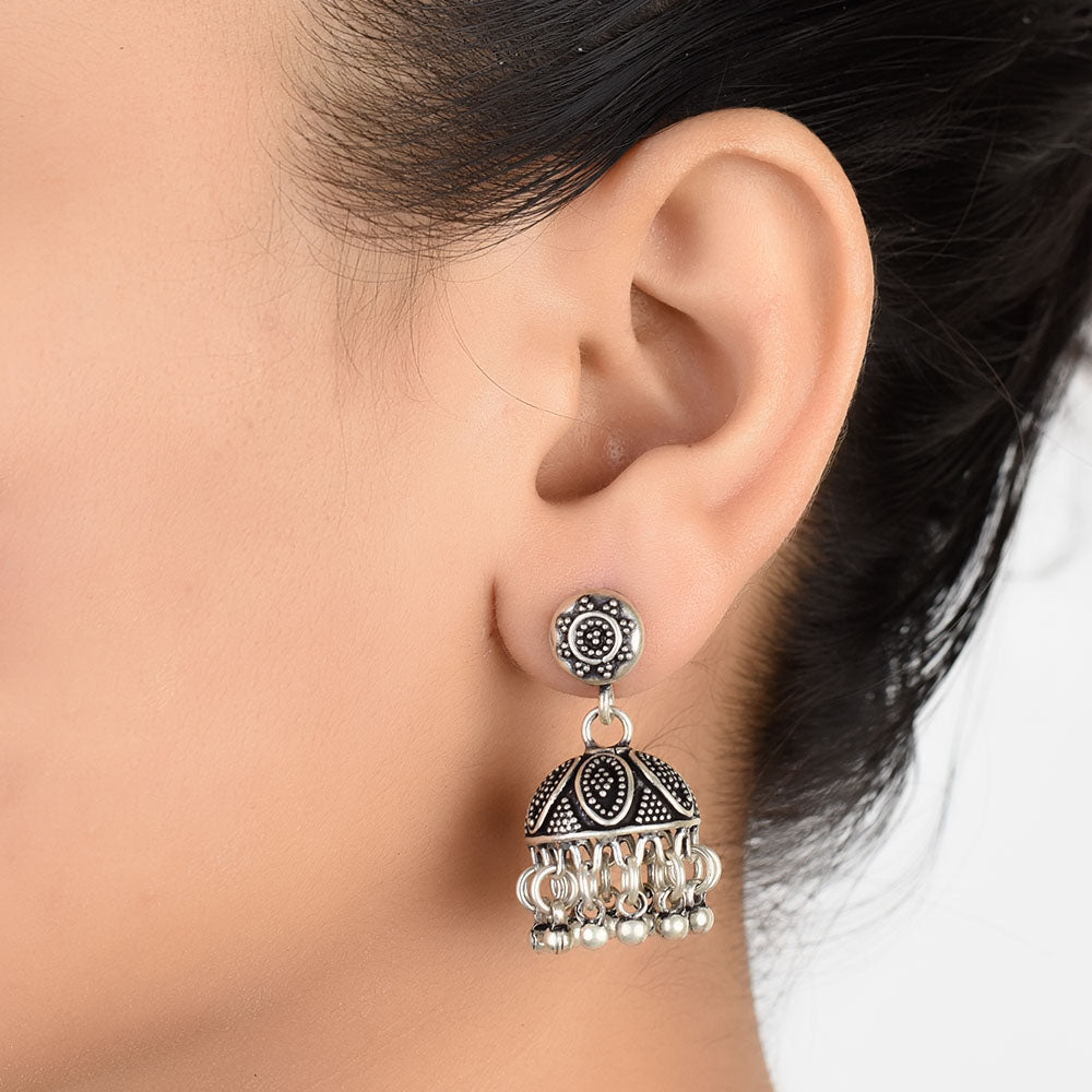 Floral Jhumki Earrings handcrafted in 92.5 Sterling Silver with subtle Floral Jhumki details capturing quiet heritage