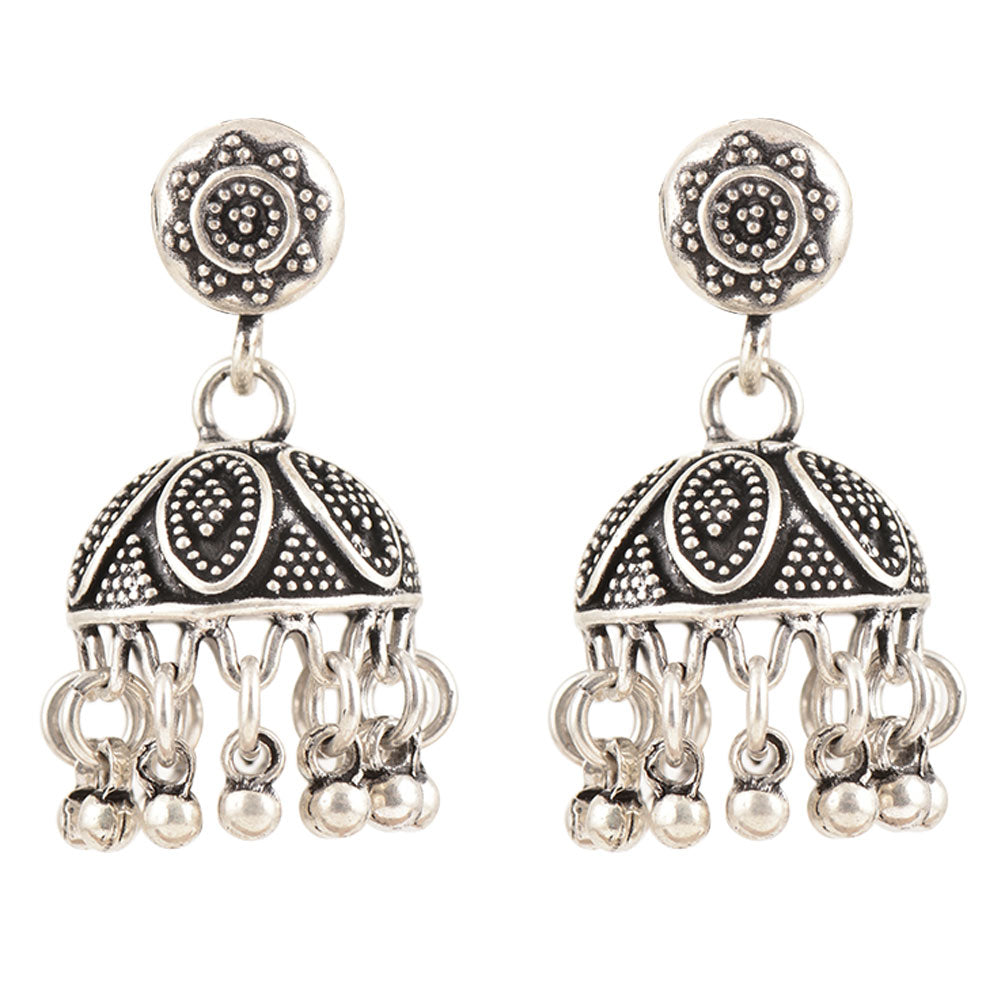 Closeup of Floral Jhumki Earrings showcasing the detailed earrings motif and 92.5 Sterling Silver finish