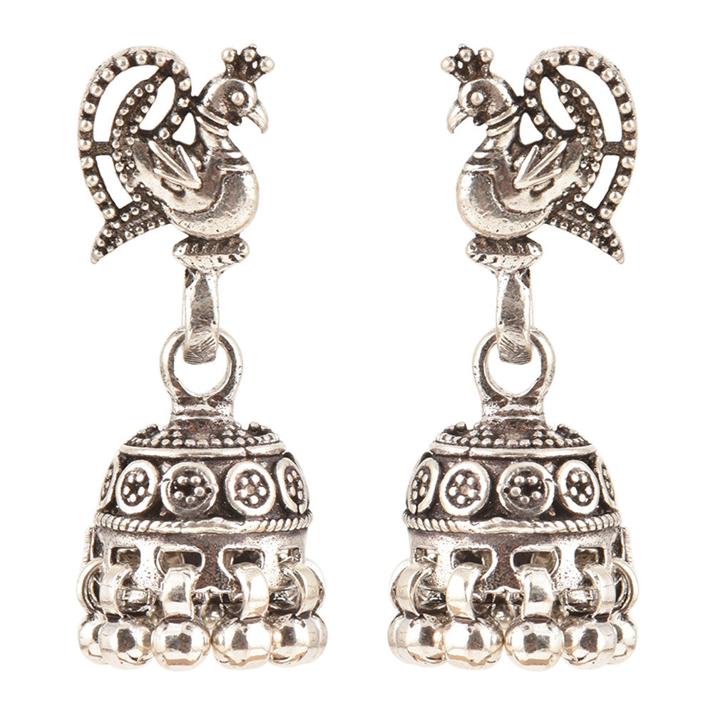 Front view of Peacock Jhumki Earrings in 92.5 Sterling Silver