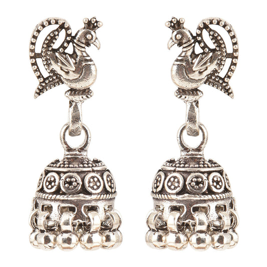 Front view of Peacock Jhumki Earrings in 92.5 Sterling Silver