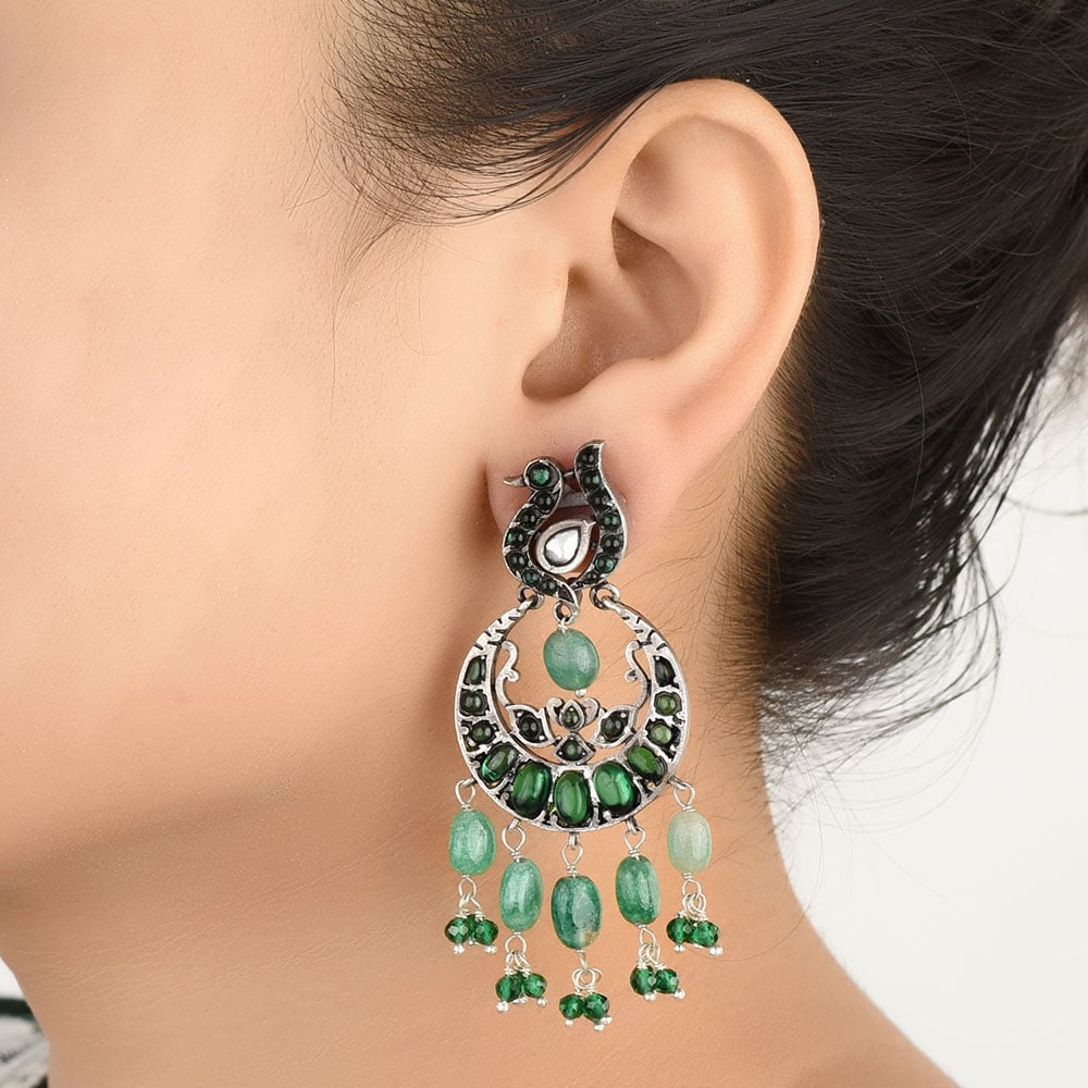 Front view of Ethnic Green Stones earrings in 92.5 Sterling Silver