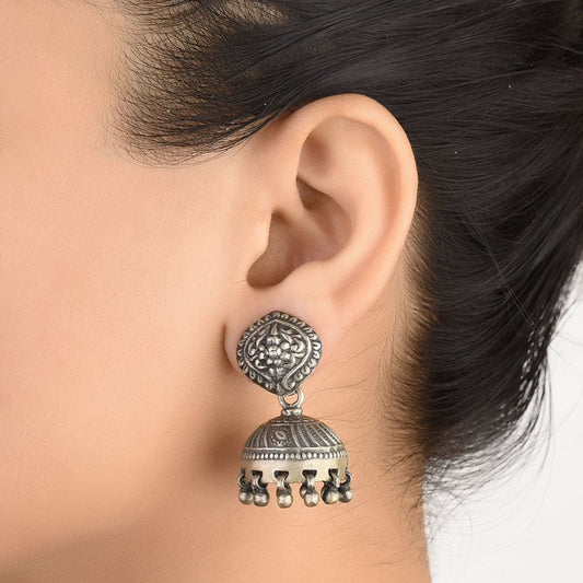 Front view of floral floral jhumki earrings in 92.5 Sterling Silver