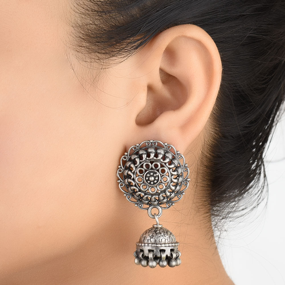 Detail of handmade craftsmanship on Chandbali Jhumki Earrings in Oxidised 925 Silver earrings in 92.5 Sterling Silver