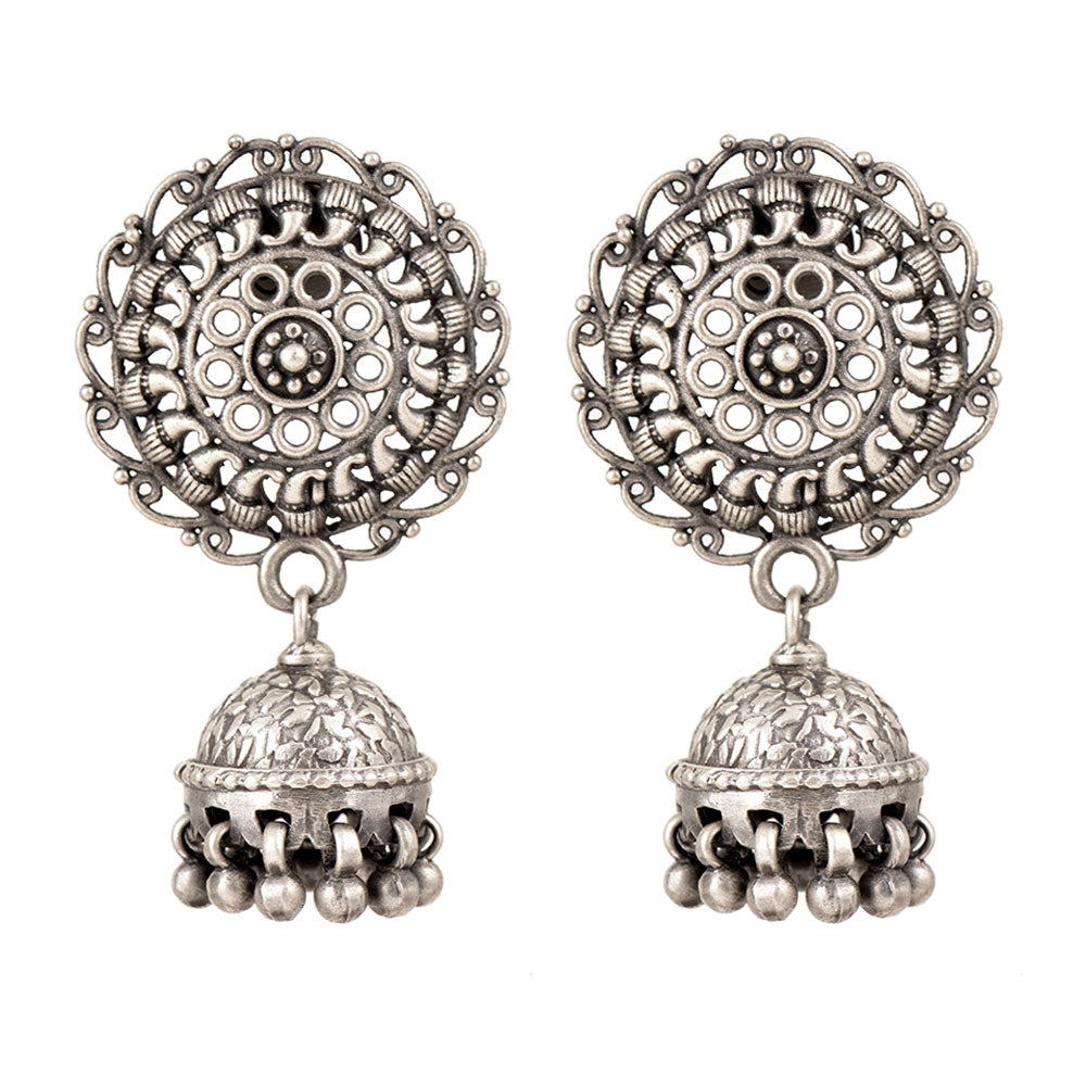 Glamour shot of Silver Chandbali Jhumki Earrings in Oxidised 925 Silver, high-polish 92.5 Sterling Silver