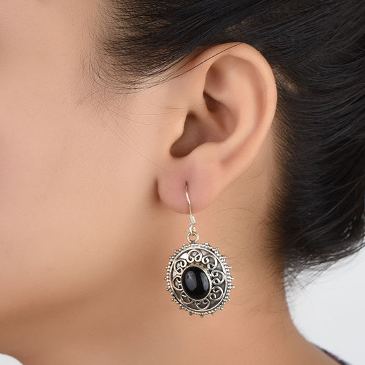 Front view of Reet drop dangle black earrings crafted in 92.5 Sterling Silver.