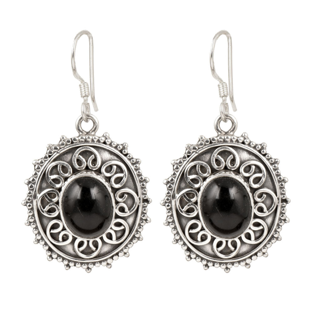 Close-up of intricate details on these 92.5 Sterling Silver drop dangle black earrings.