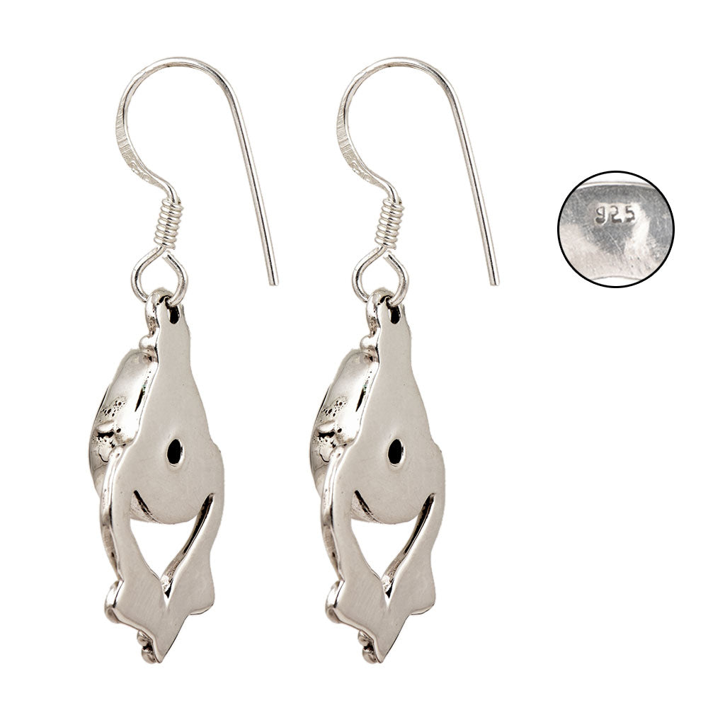 Close-up of intricate details on these 92.5 Sterling Silver simple black stone dangle earrings.