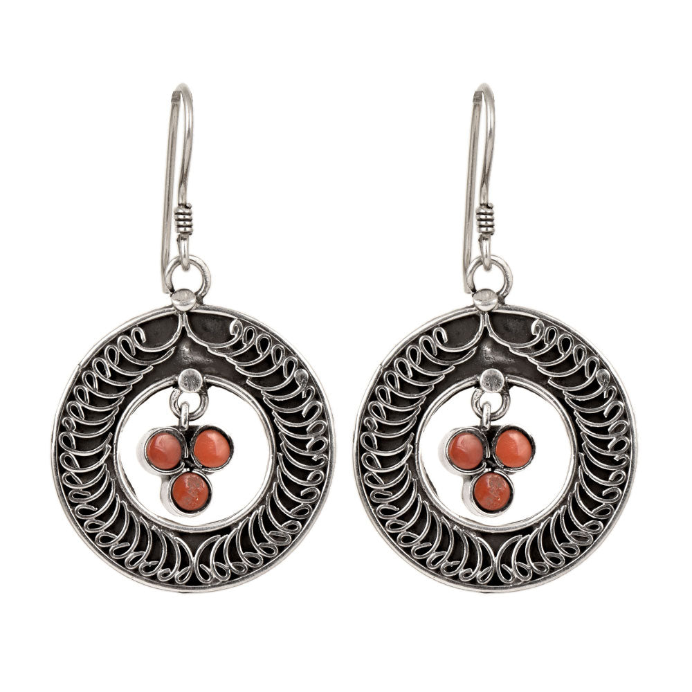 Close-up of intricate details on these 92.5 Sterling Silver jasper engraved circle earrings.