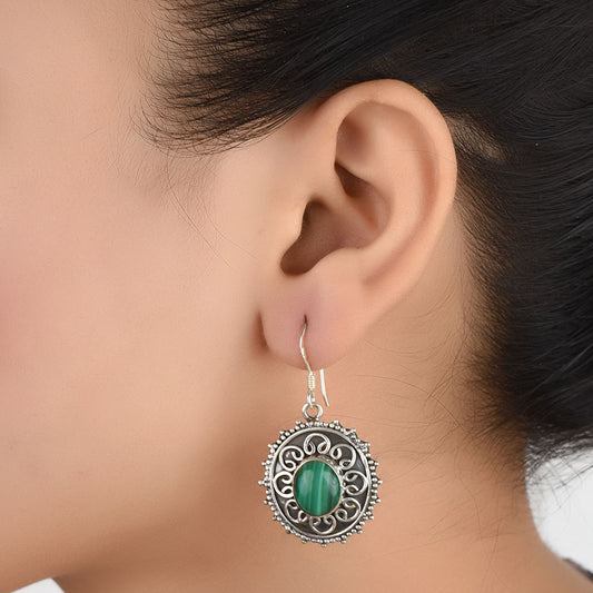 Front view of Van Malachite malachite drop earrings crafted in 92.5 Sterling Silver.