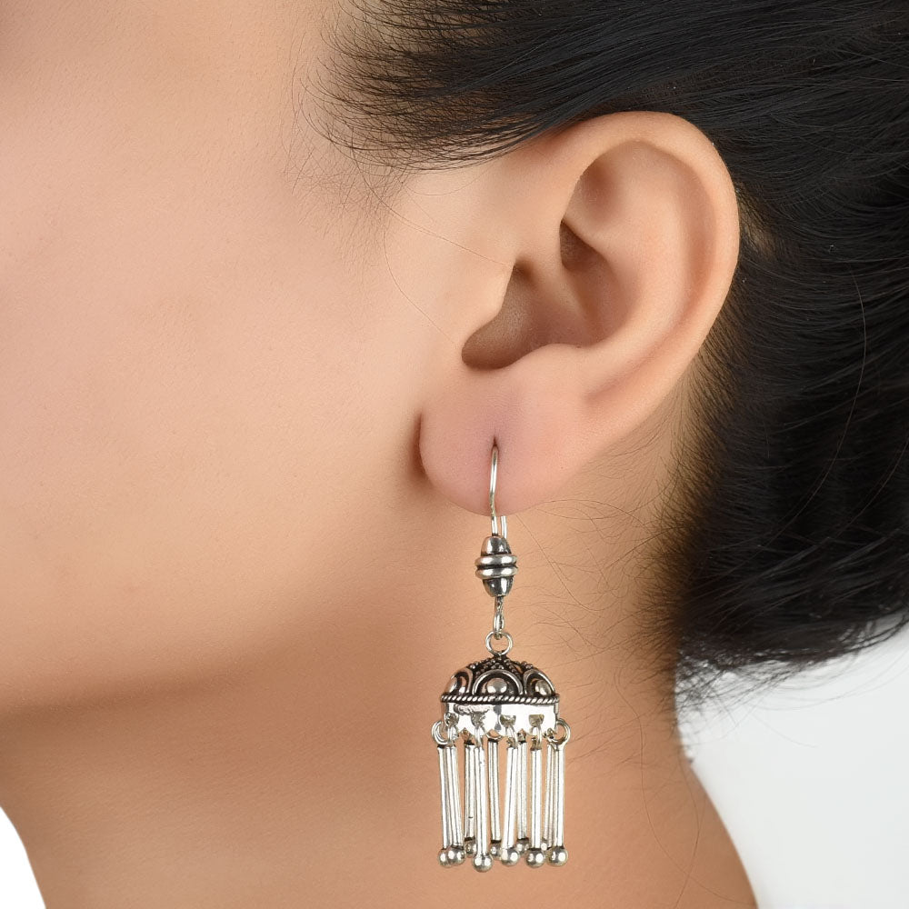 Front view of Reet sliver dome shaped jhumki earrings crafted in 92.5 Sterling Silver.