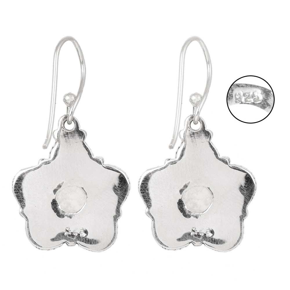 Close-up of intricate details on these 92.5 Sterling Silver moonstone moon drop earrings.