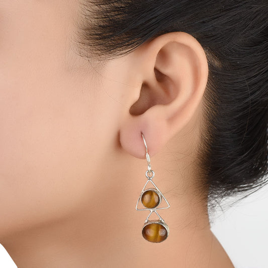 Front view of Reet tiger eye dangle dangle earrings crafted in 92.5 Sterling Silver.