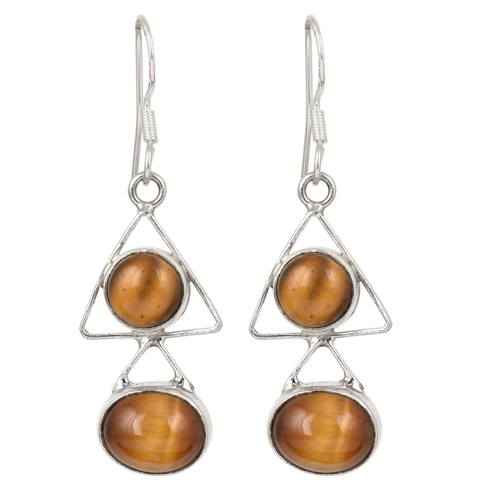 Close-up of intricate details on these 92.5 Sterling Silver tiger eye dangle dangle earrings.