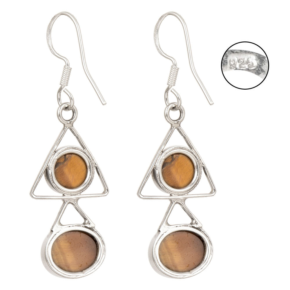Side angle showing tiger eye dangle dangle earrings with silver tones.