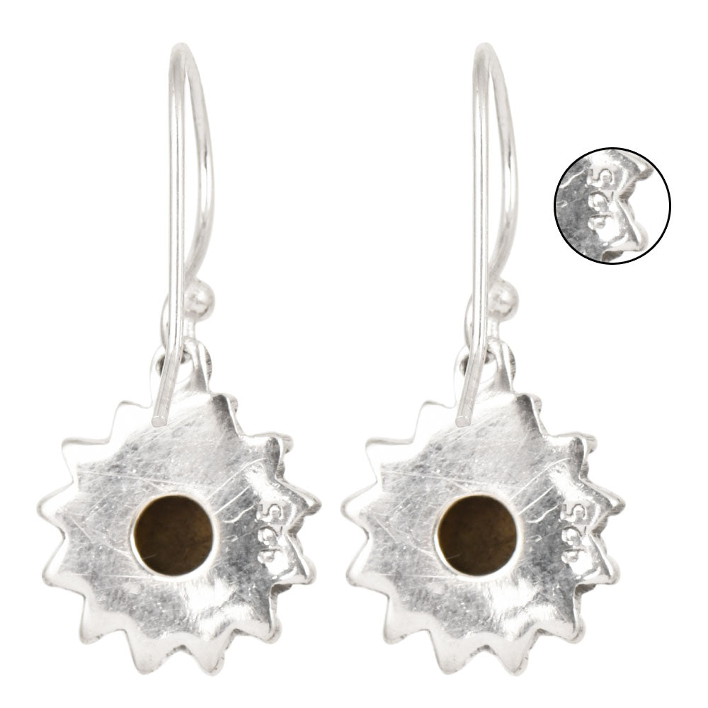 Close-up of intricate details on these 92.5 Sterling Silver round earrings.