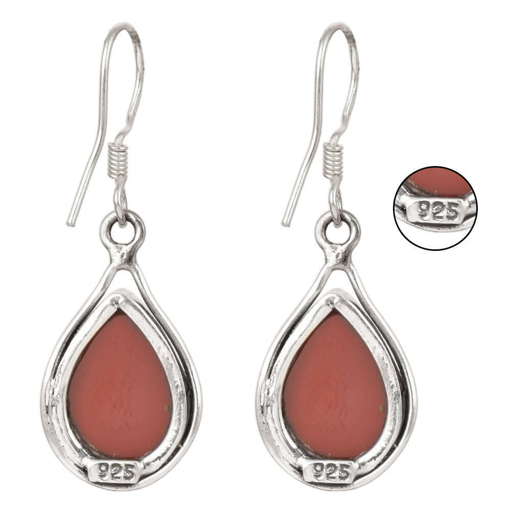 Close-up of intricate details on these 92.5 Sterling Silver red jasper raindrop stud earrings.
