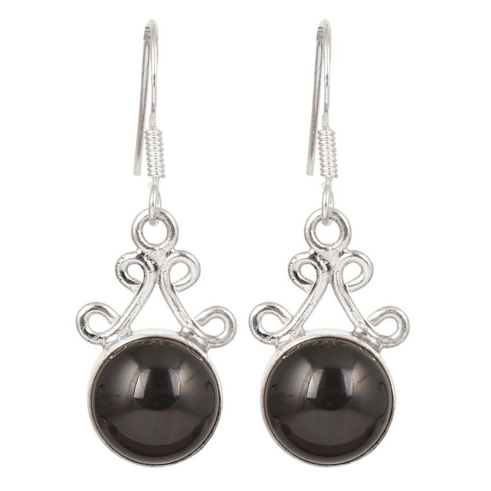 Close-up of intricate details on these 92.5 Sterling Silver black onyx dangle earrings.