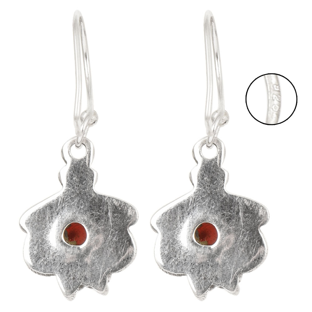 Close-up of intricate details on these 92.5 Sterling Silver red jasper studded stud earrings.
