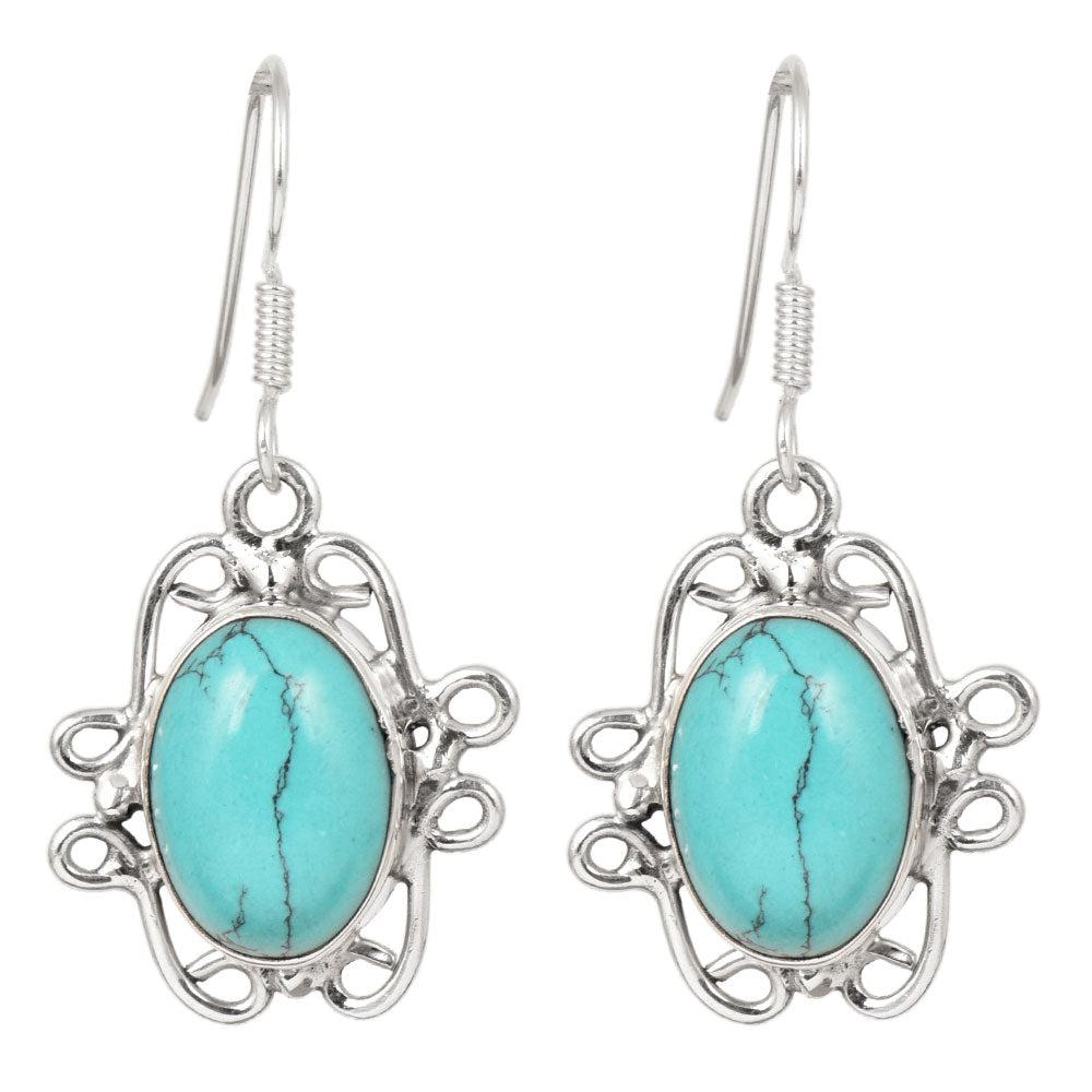 Close-up of intricate details on these 92.5 Sterling Silver turquoise dangle earrings.