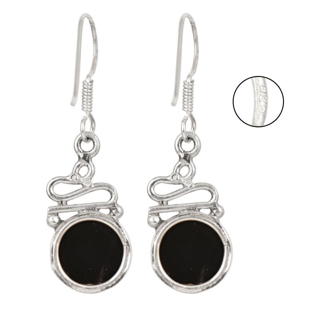 Close-up of intricate details on these 92.5 Sterling Silver black onyx round earrings.