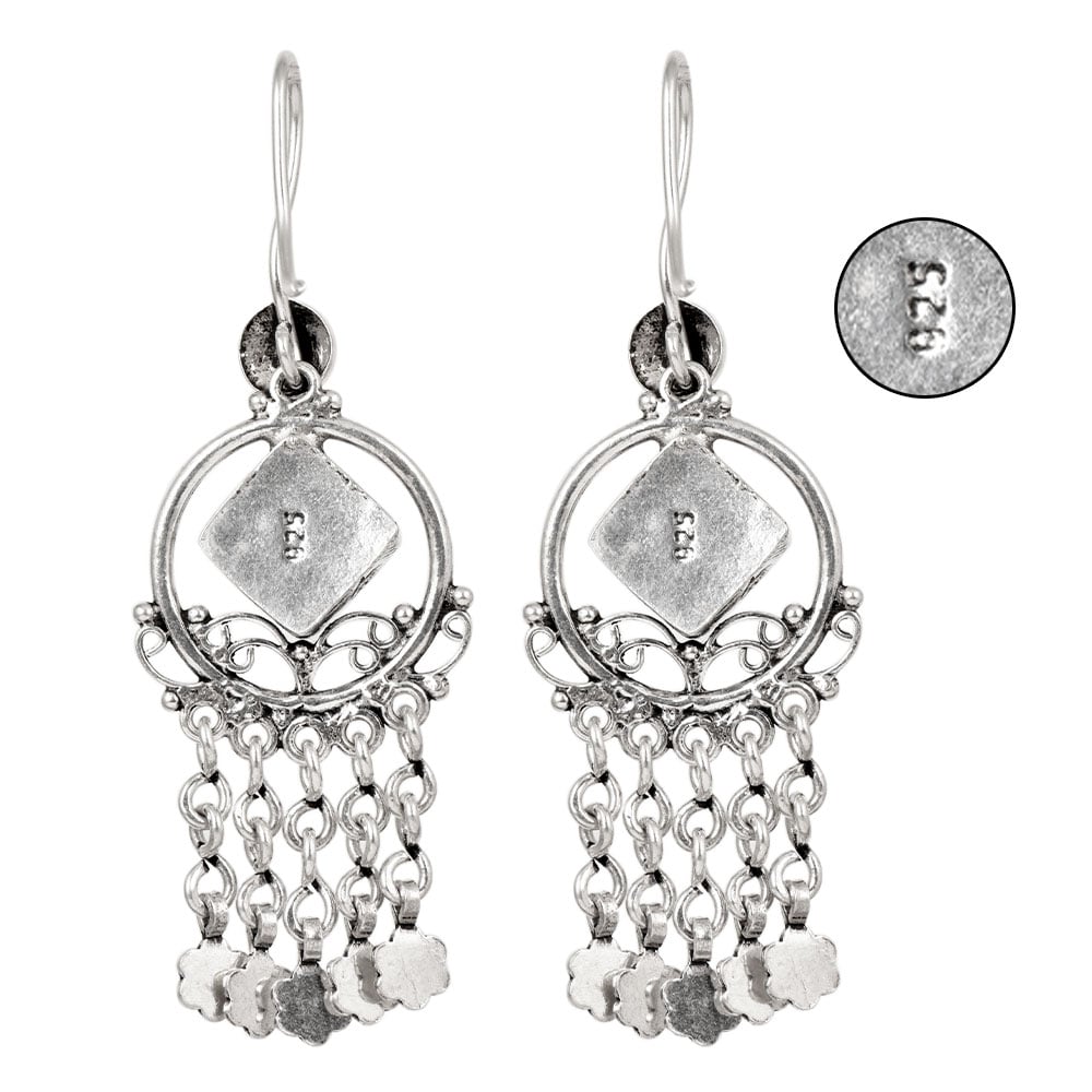 Side angle showing quartz earrings with silver , magenta tones.