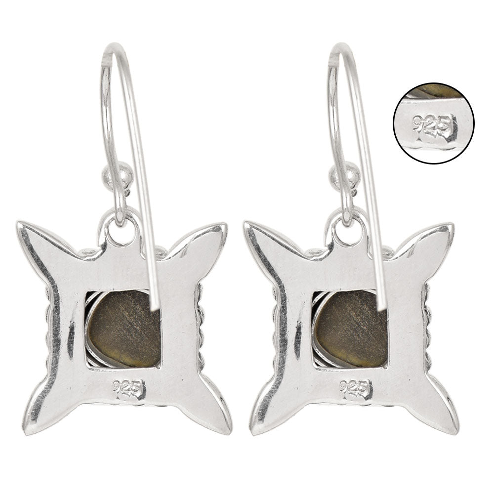 Close-up of intricate details on these 92.5 Sterling Silver square dangle earrings.