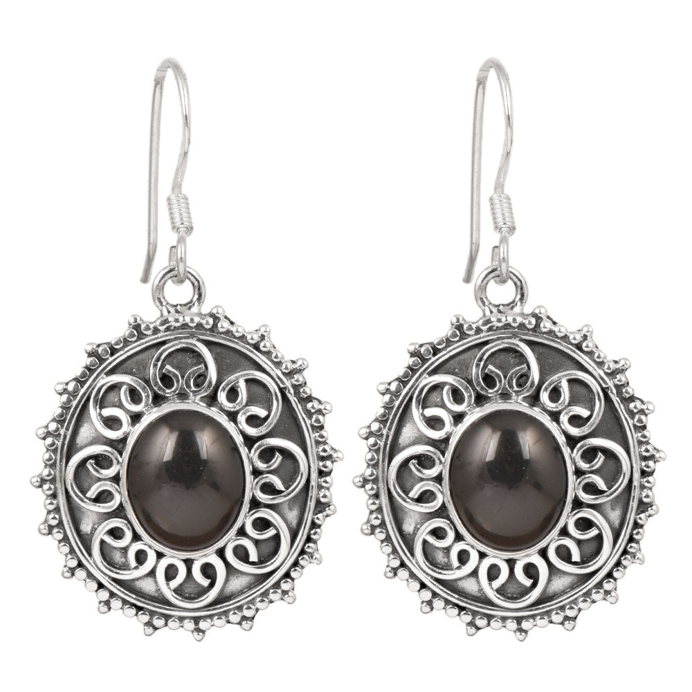Close-up of intricate details on these 92.5 Sterling Silver onyx round dangle earrings.