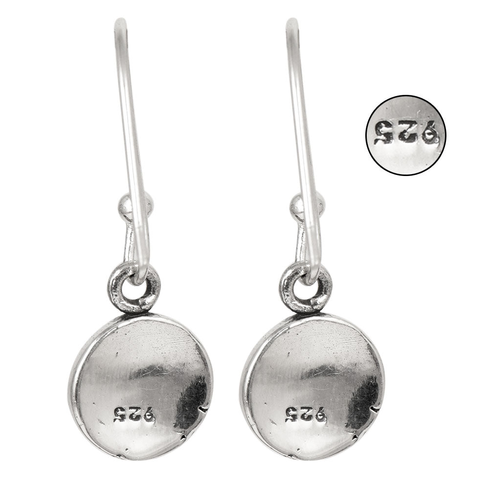 Close-up of intricate details on these 92.5 Sterling Silver engraved circle pendent drop earrings.