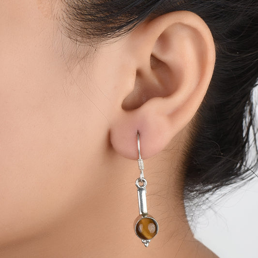 Front view of Reet tiger eye hook earrings crafted in 92.5 Sterling Silver.