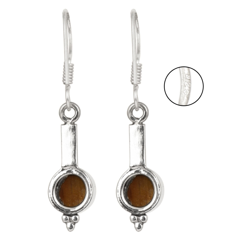 Close-up of intricate details on these 92.5 Sterling Silver tiger eye hook earrings.