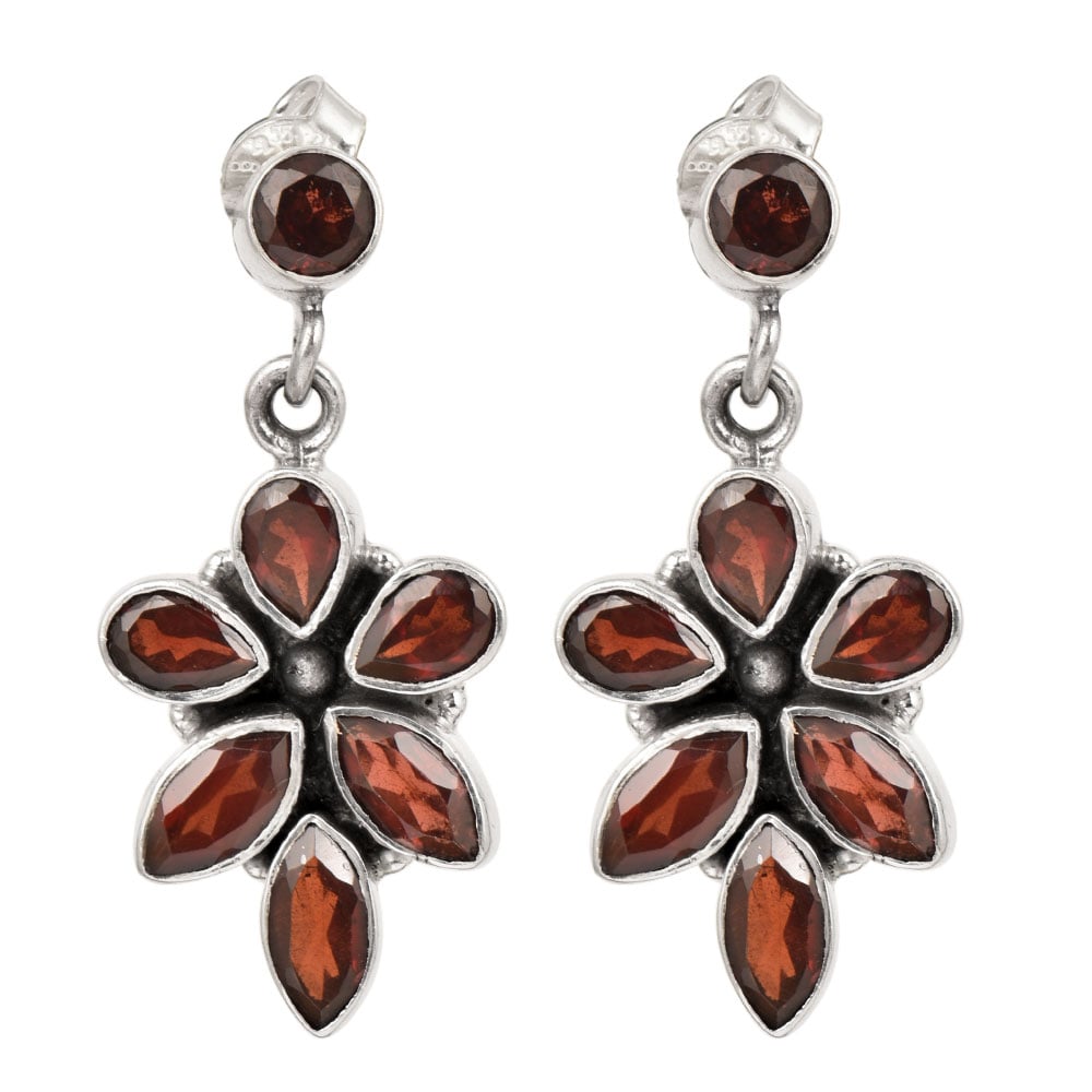 Earrings next to a scale to illustrate the size of Garnet Floral Dangle Earrings.