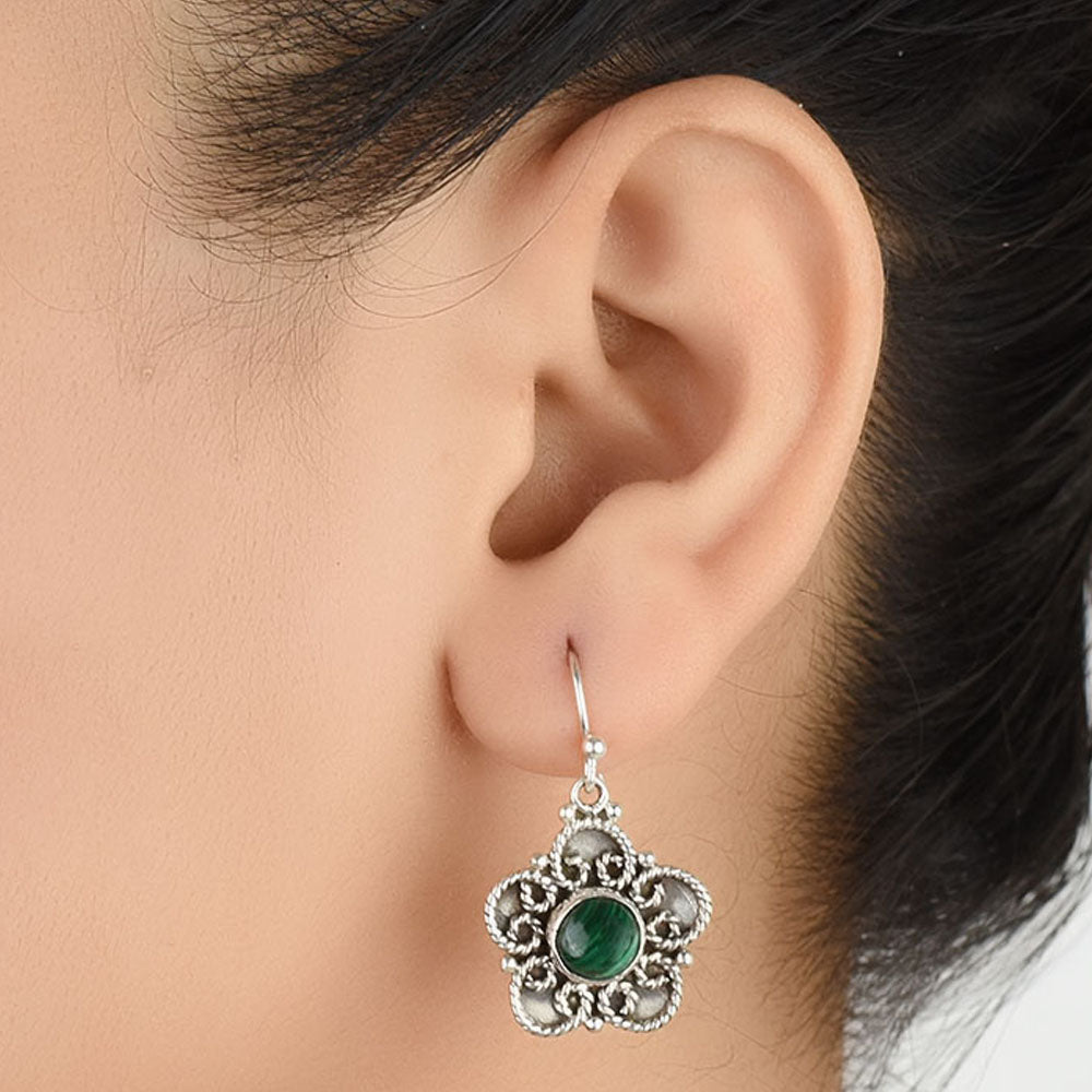 Pair of Malachite Round Dangle Earrings displayed on a neutral background for a clear view.