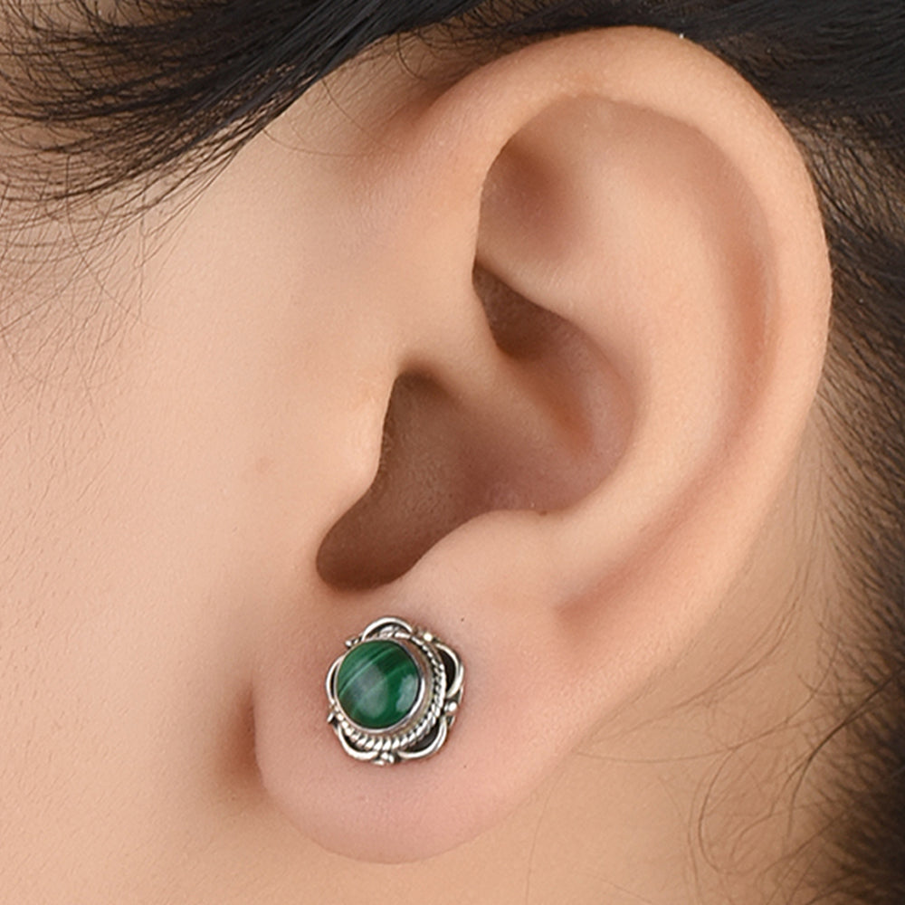 Pair of Malachite Stud Earrings displayed on a neutral background for a clear view.